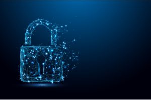 a padlock formed of blue lights and lines