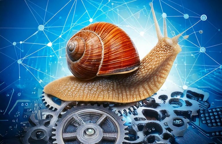A snail moving over a set of machine gears, representing using Java in process automation.