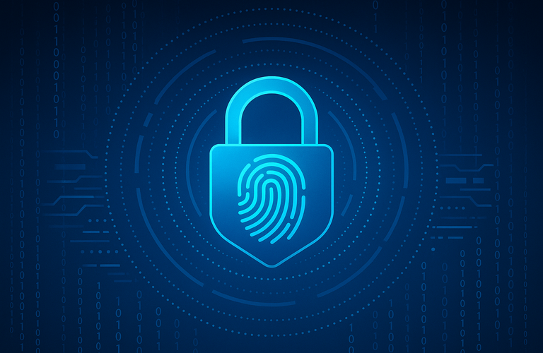 Abstract futuristic digital padlock with biometric patterns and circuit lines representing passkeys for passwordless authentication